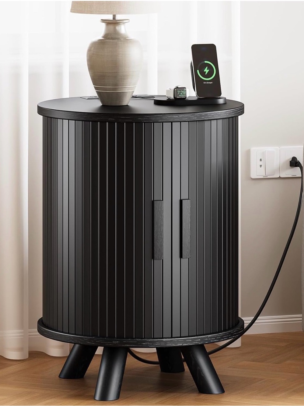 BNIB Round End Table with Storage - Fluted Side Table with Charging Station